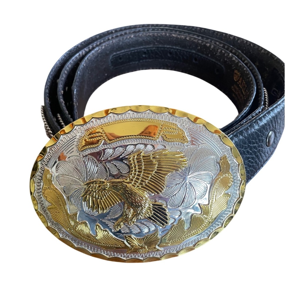 Ariat Men's Black Full Grain Leather Western Concho Belt Size 44 Eagle Buckle